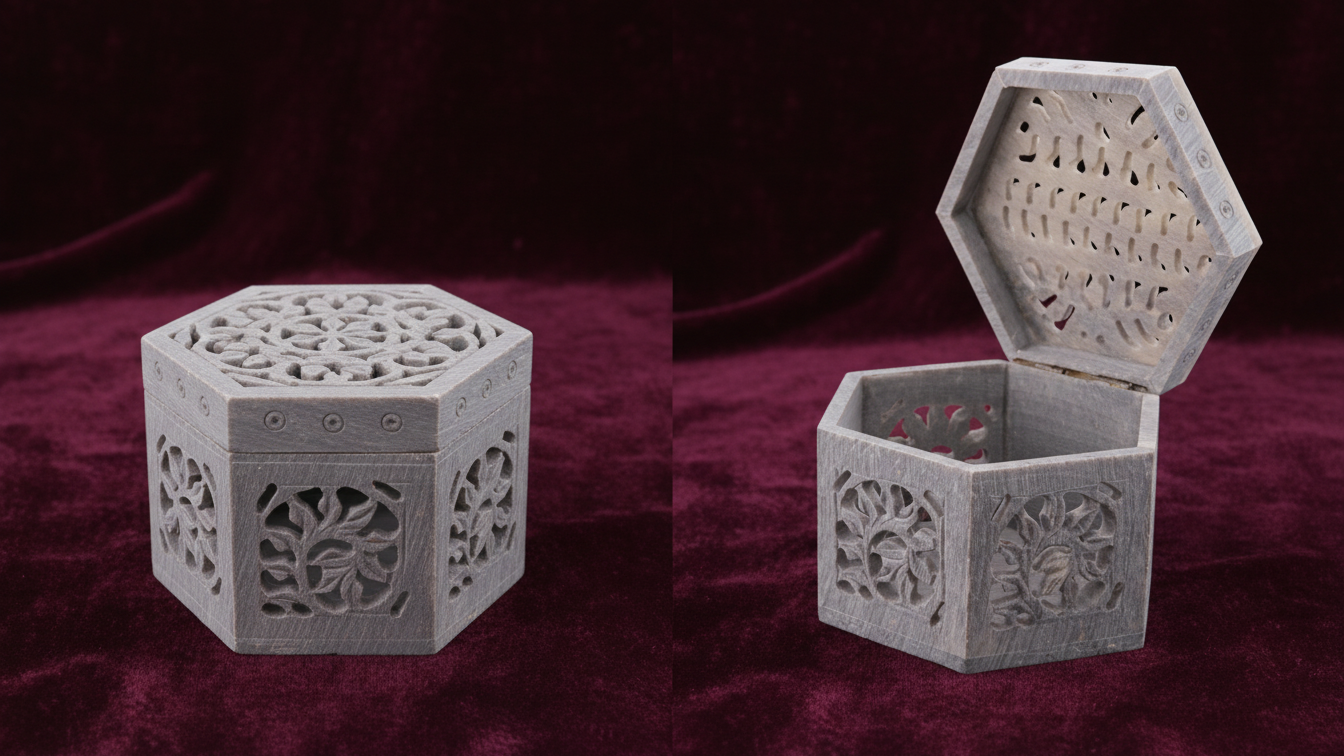 Hand-Carved Soapstone Hexagonal Jewellery Box 4