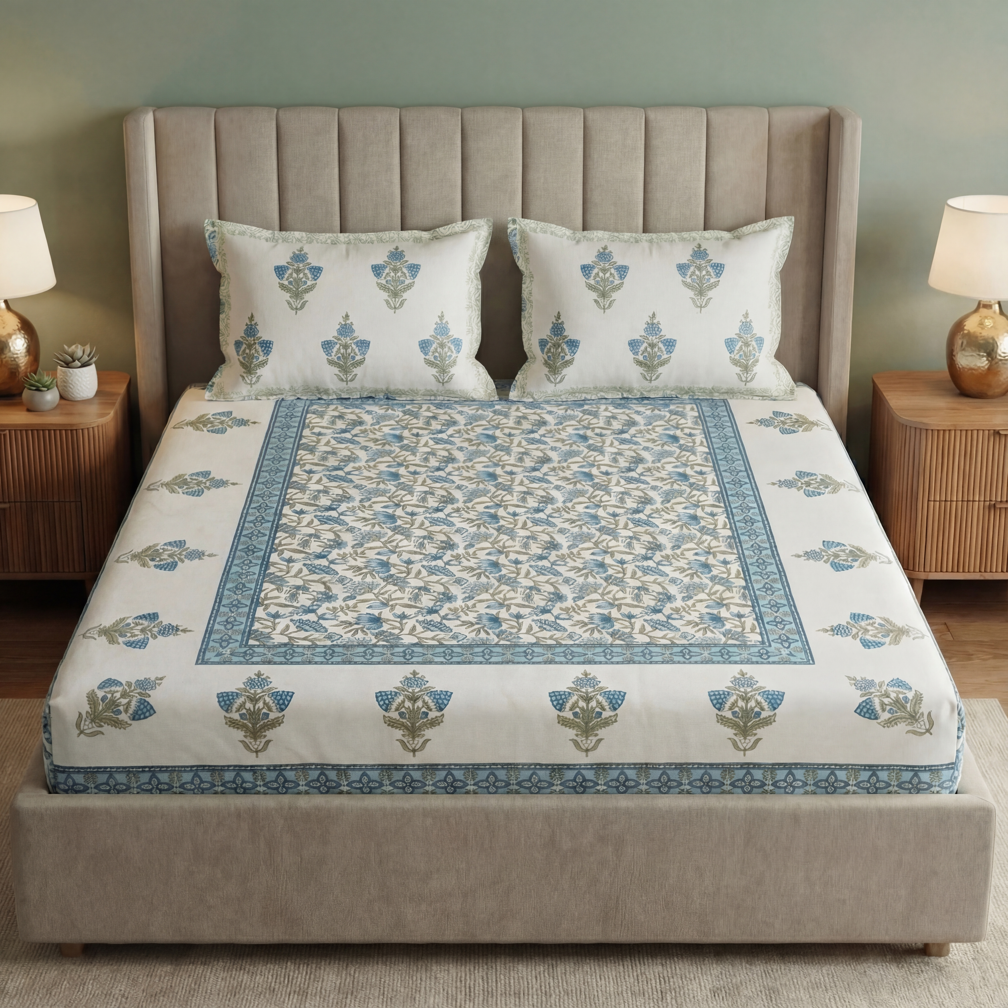 Blue Meadow Hand block Bedsheet Set 2