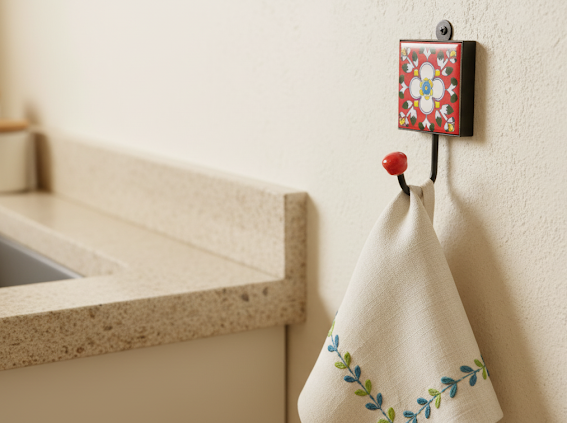 Handcrafted Red Floral Ceramic Tile Wall Hook (Red) 3