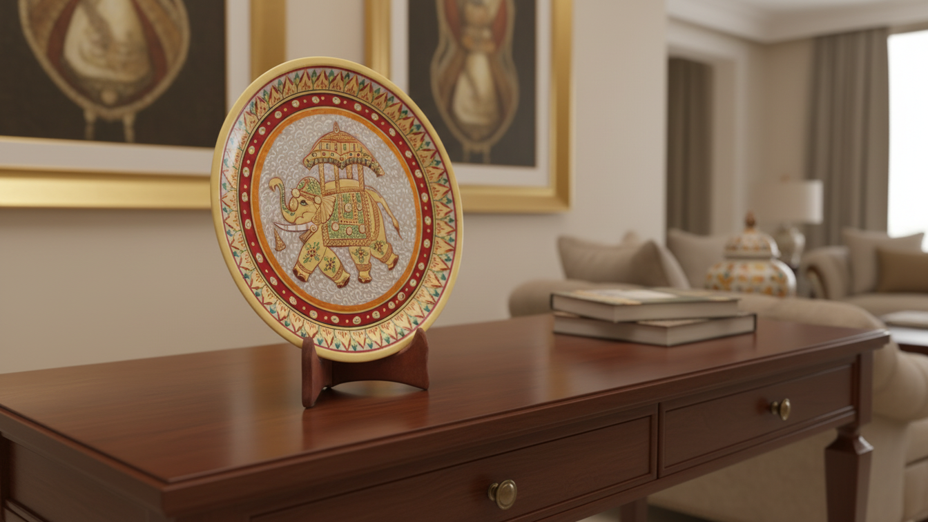Marble Decorative Plate with Royal Elephant Painting 4