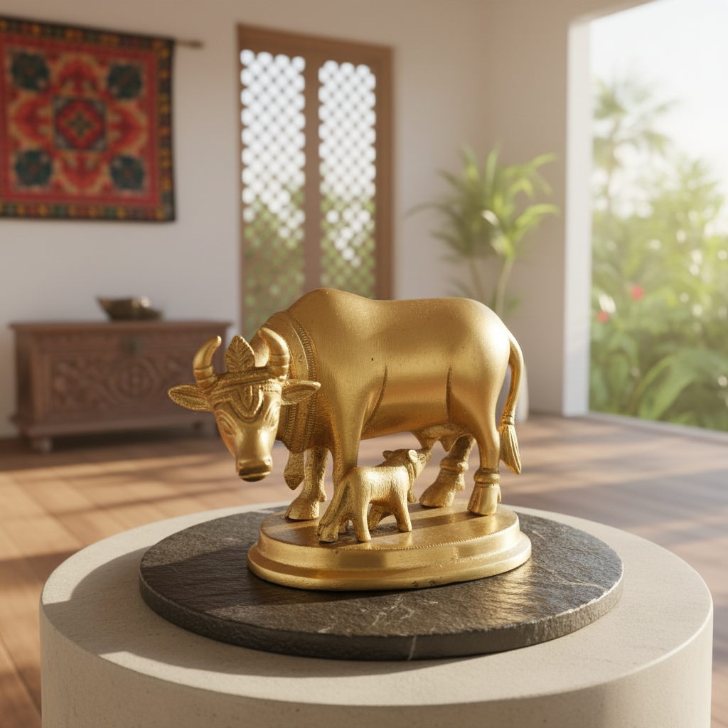 Brass Kamdhenu Cow with Calf Idol (4 inches) 5