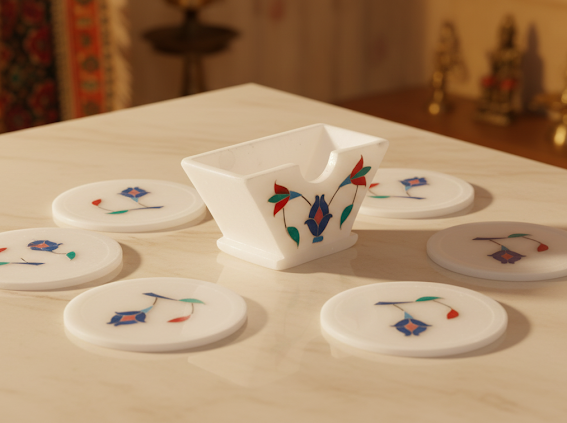 Handcrafted Marble Inlay Tea Coaster Set ( white ) 2