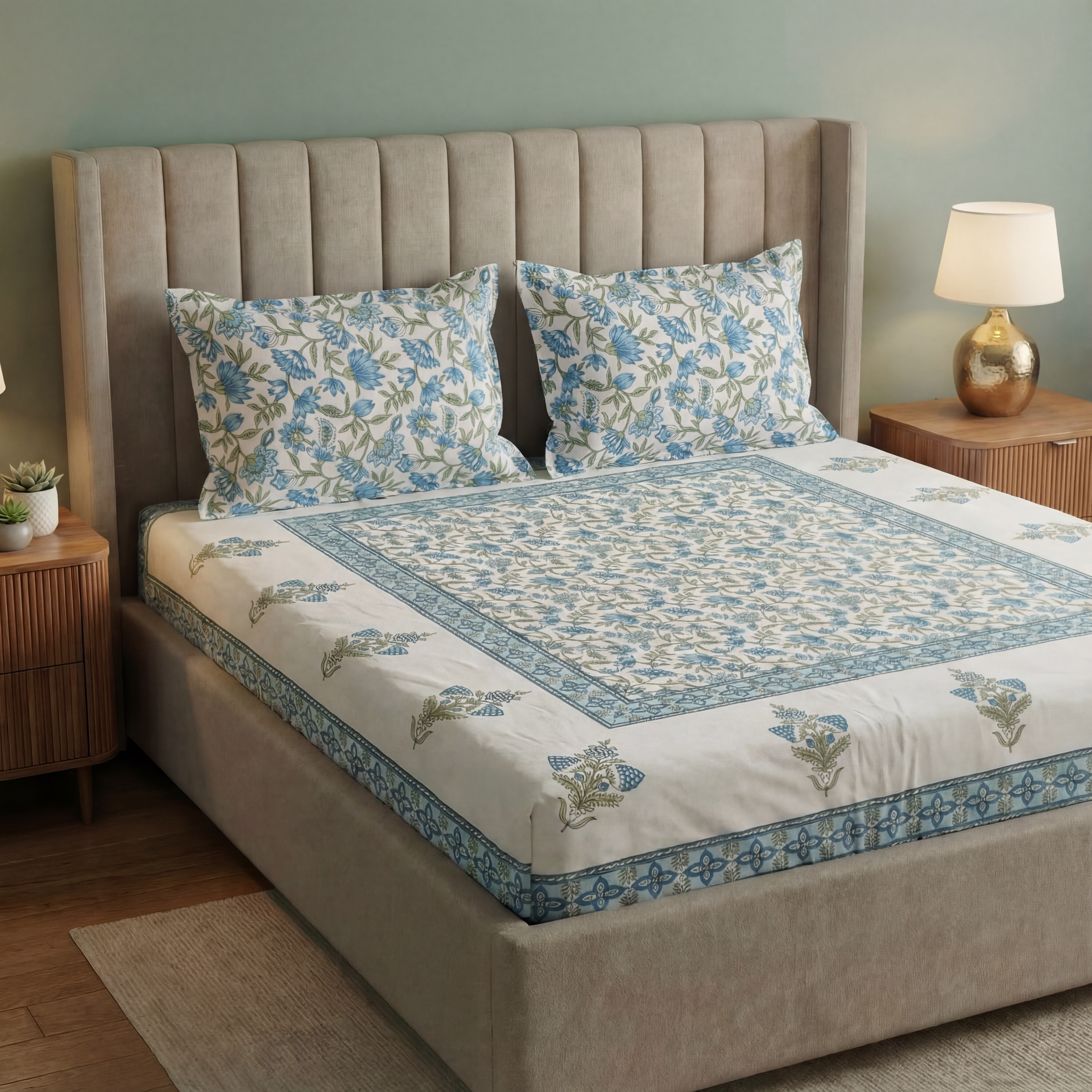 Blue Meadow Hand block Bedsheet Set