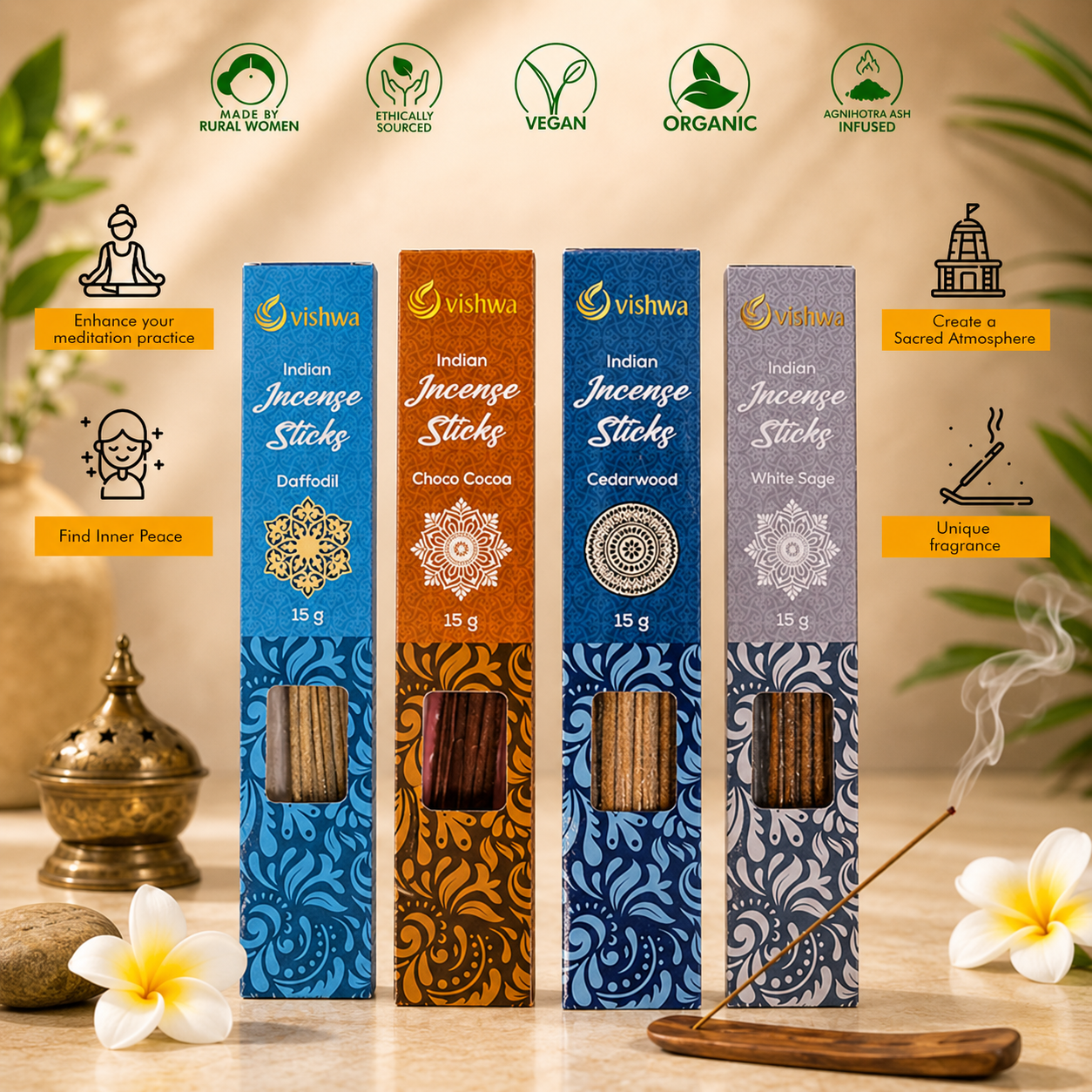 Incense Sticks Bundle - French Fragrances - ( Daffodil + Choco Cocoa + White Sage + Cedarwood ) 2