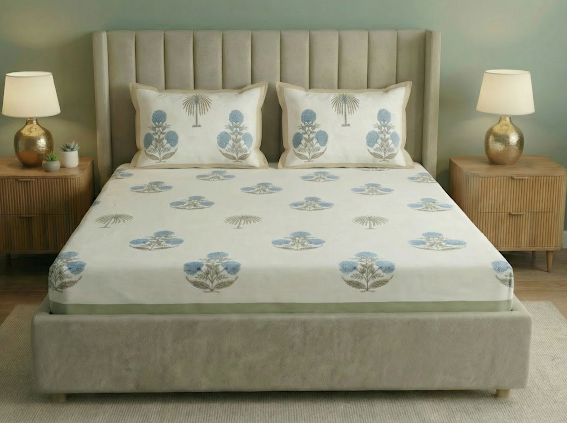 Blue Palm Paradise Hand block Bedsheet Set 2