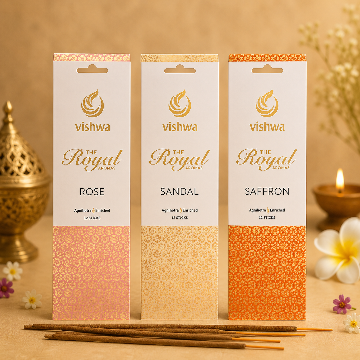 Royal Aromas Incense Stick Bundle (Rose + Saffron + Sandal)