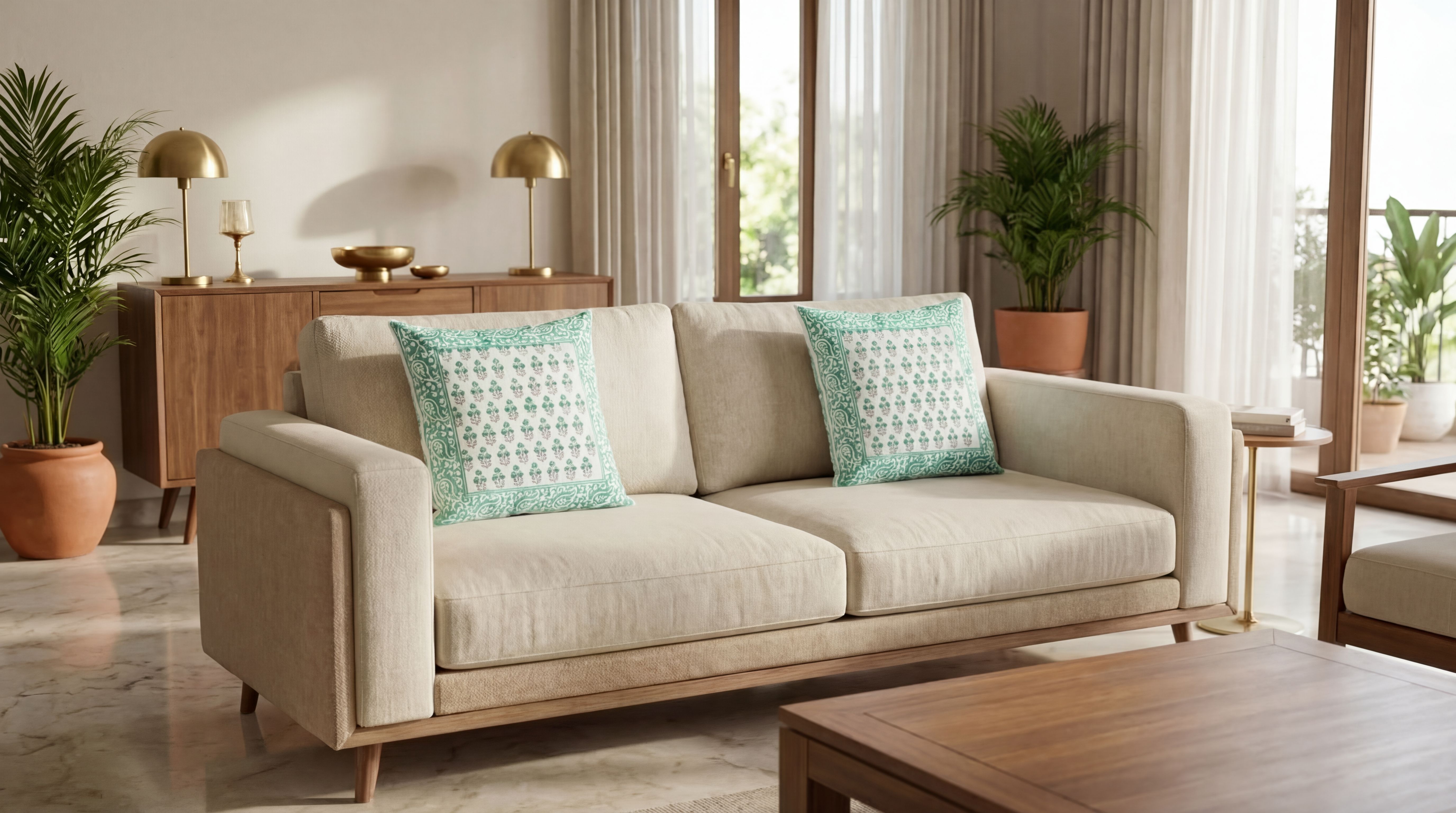 Emerald Elegance Hand block Cushion Cover