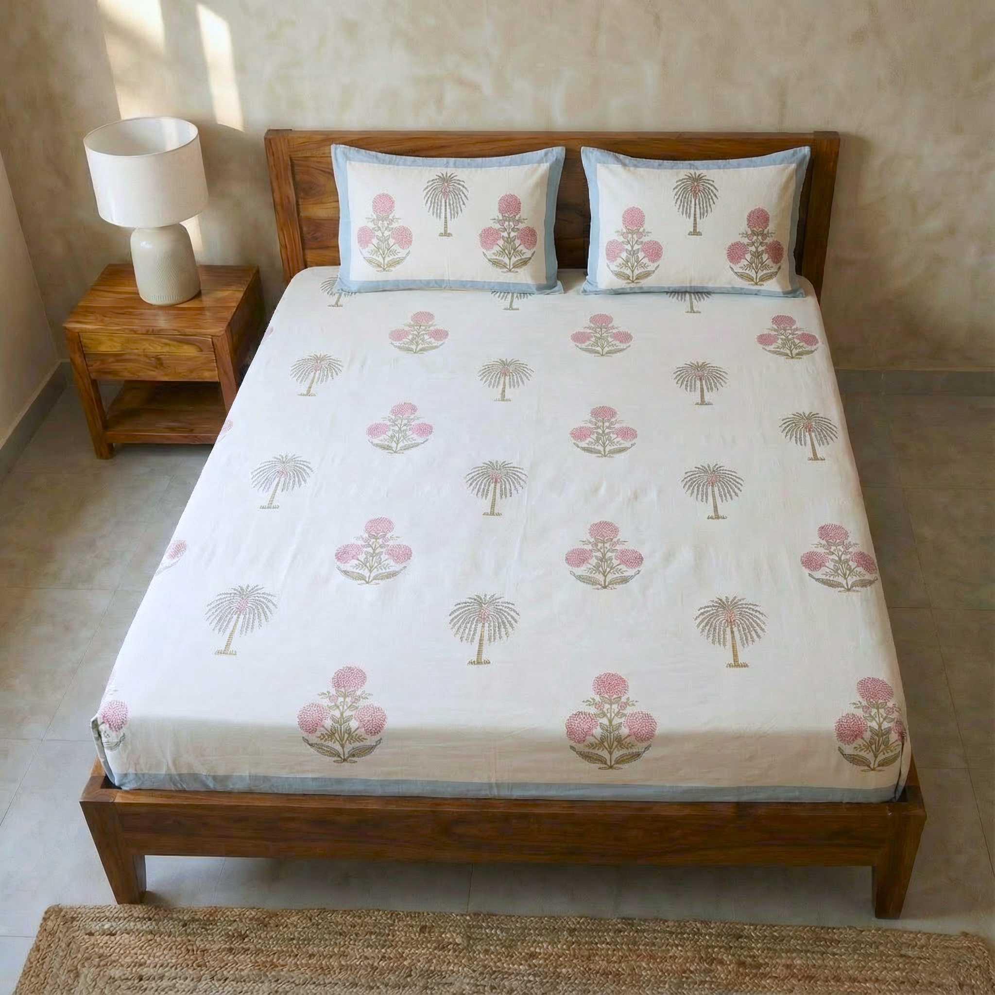 Blossom Palm Hand Block Bedsheet Set 3