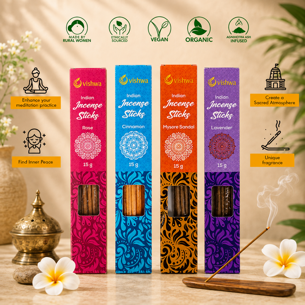 Incense Sticks Bundle - Temple - ( Rose + Cinnamon + Lavender + Sandalwood ) 2