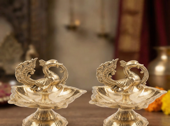 Brass Peacock Design Oil Diya / Deepam Pair