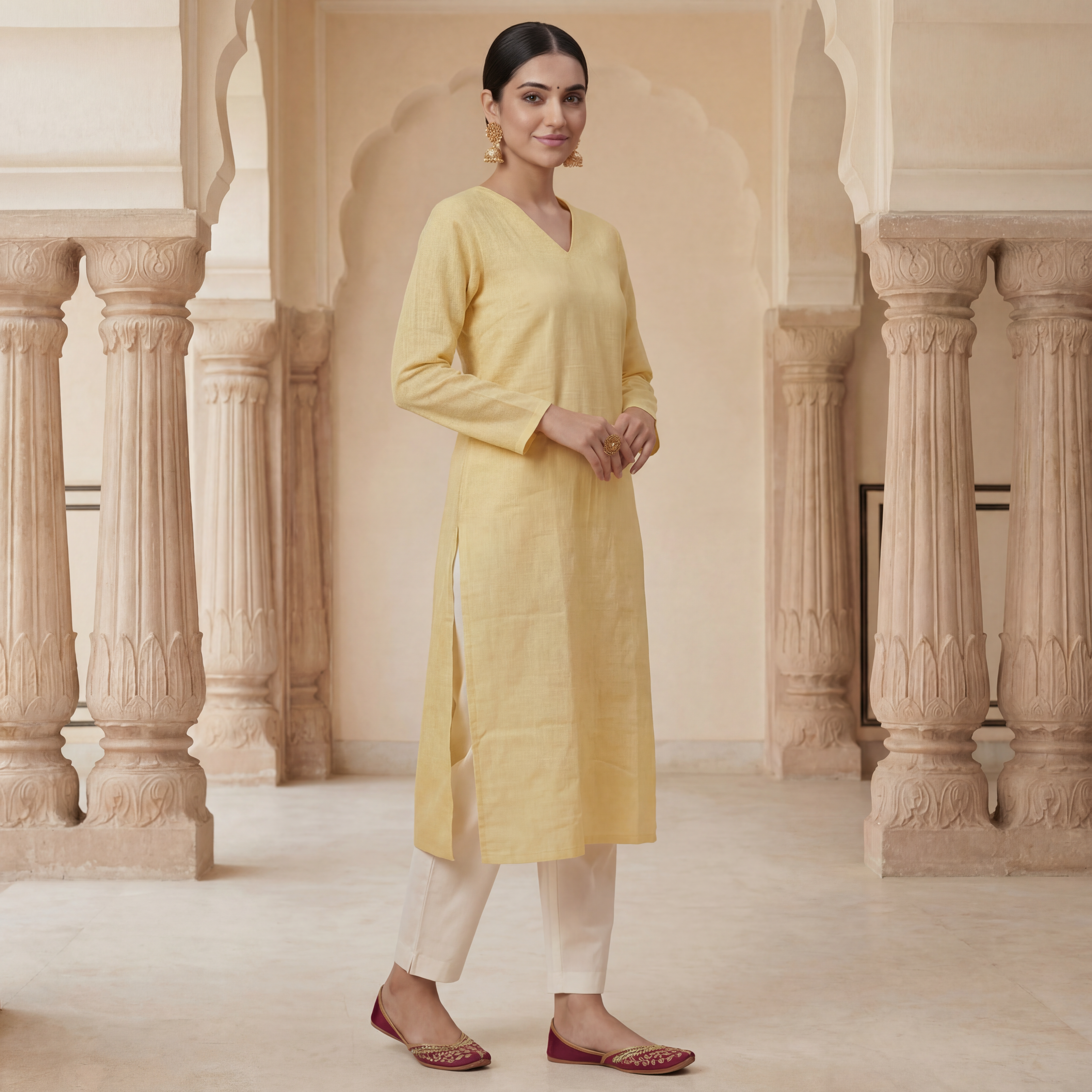 Yellow Tan Women's Long Kurta
