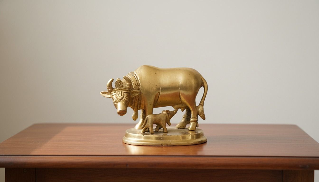 Brass Kamdhenu Cow with Calf Idol (4 inches)