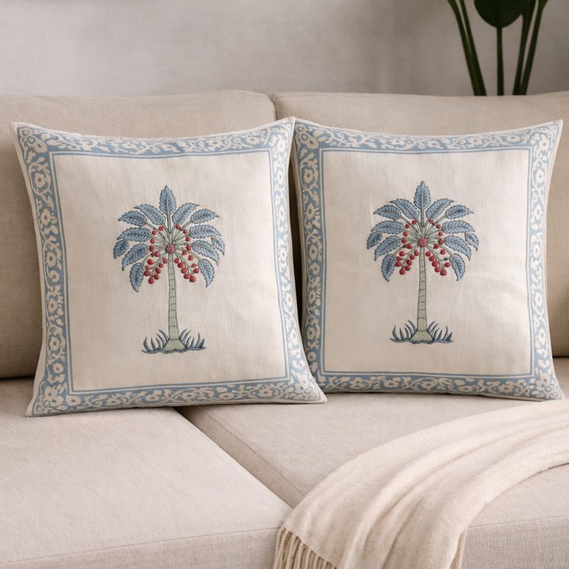 Tropical Palm Hand Block Cushion Cover