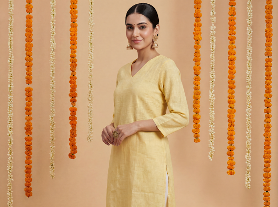 Yellow Tan Women's Long Kurta
