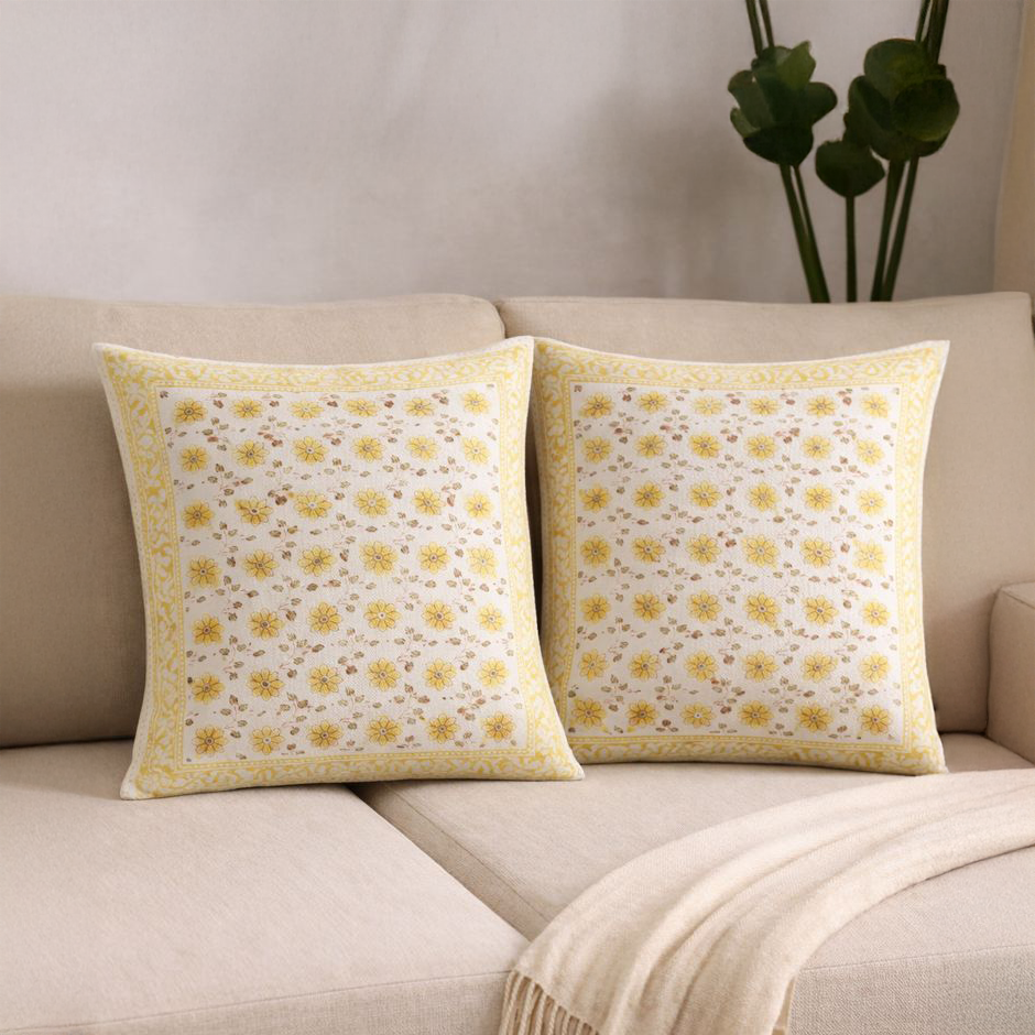 Sunny Blossom Hand Block Cushion Cover