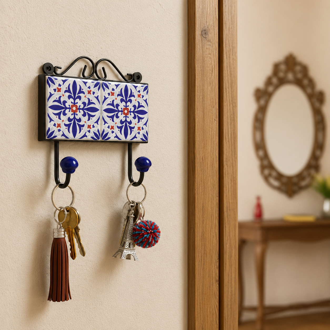 Handcrafted Blue Floral Ceramic Tile Wall Hook 3