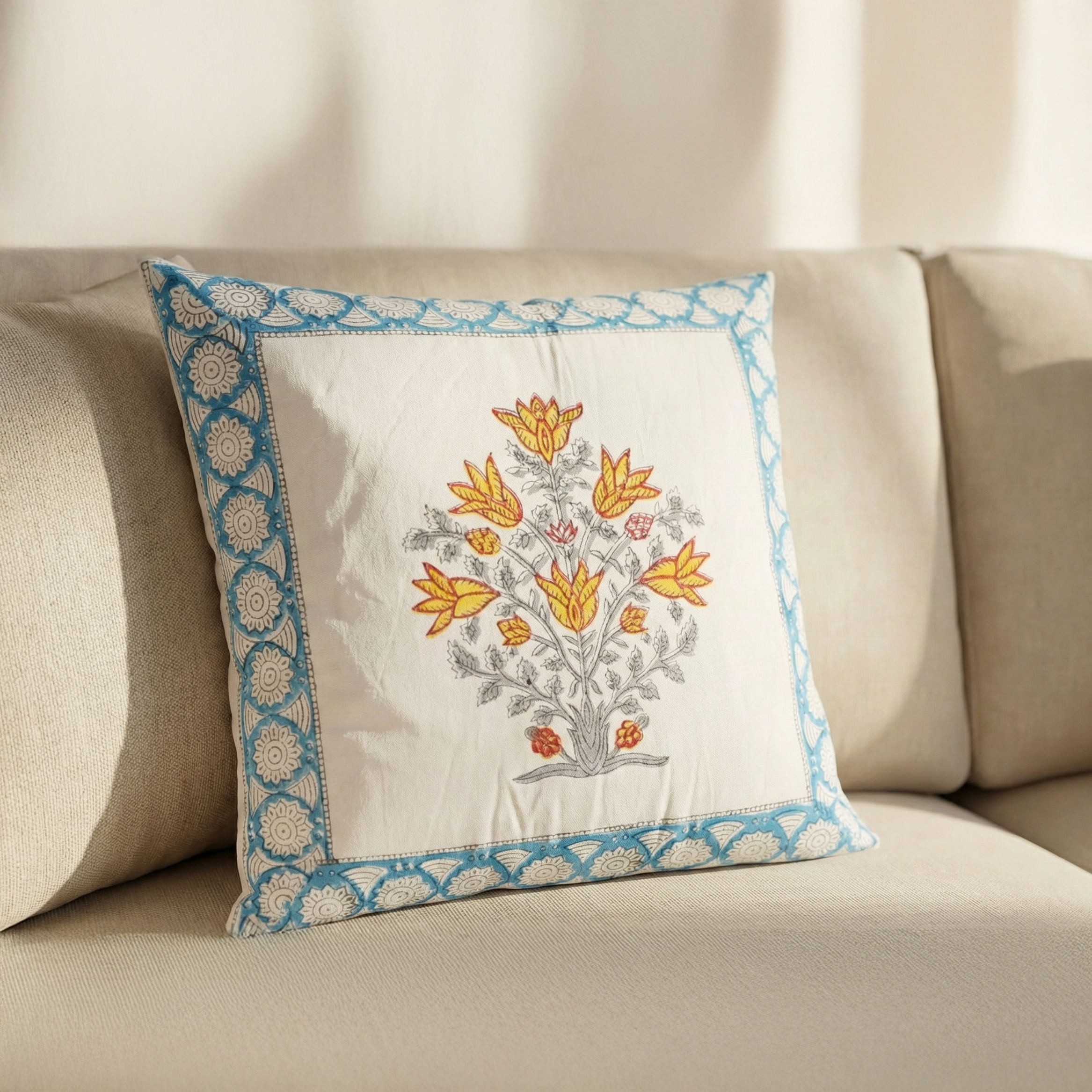 Golden Flora Hand Block Cushion Cover 4