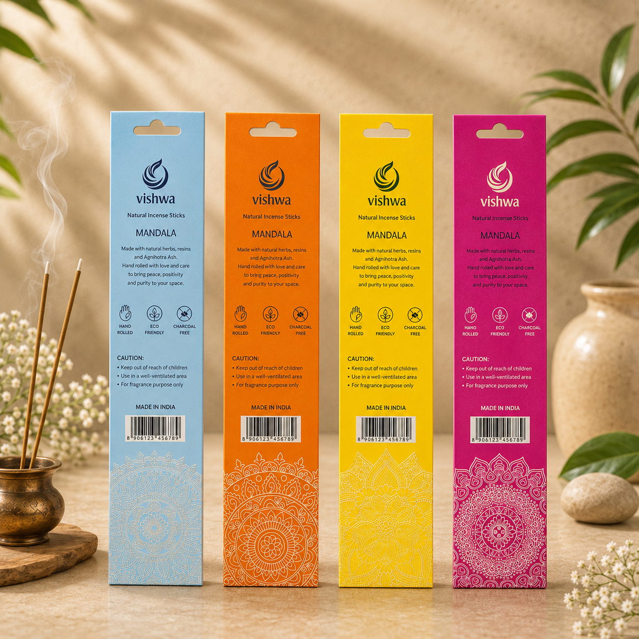 Mandala Incense Stick Bundle (Sky Blue + Yellow + Pink + Orange) 2