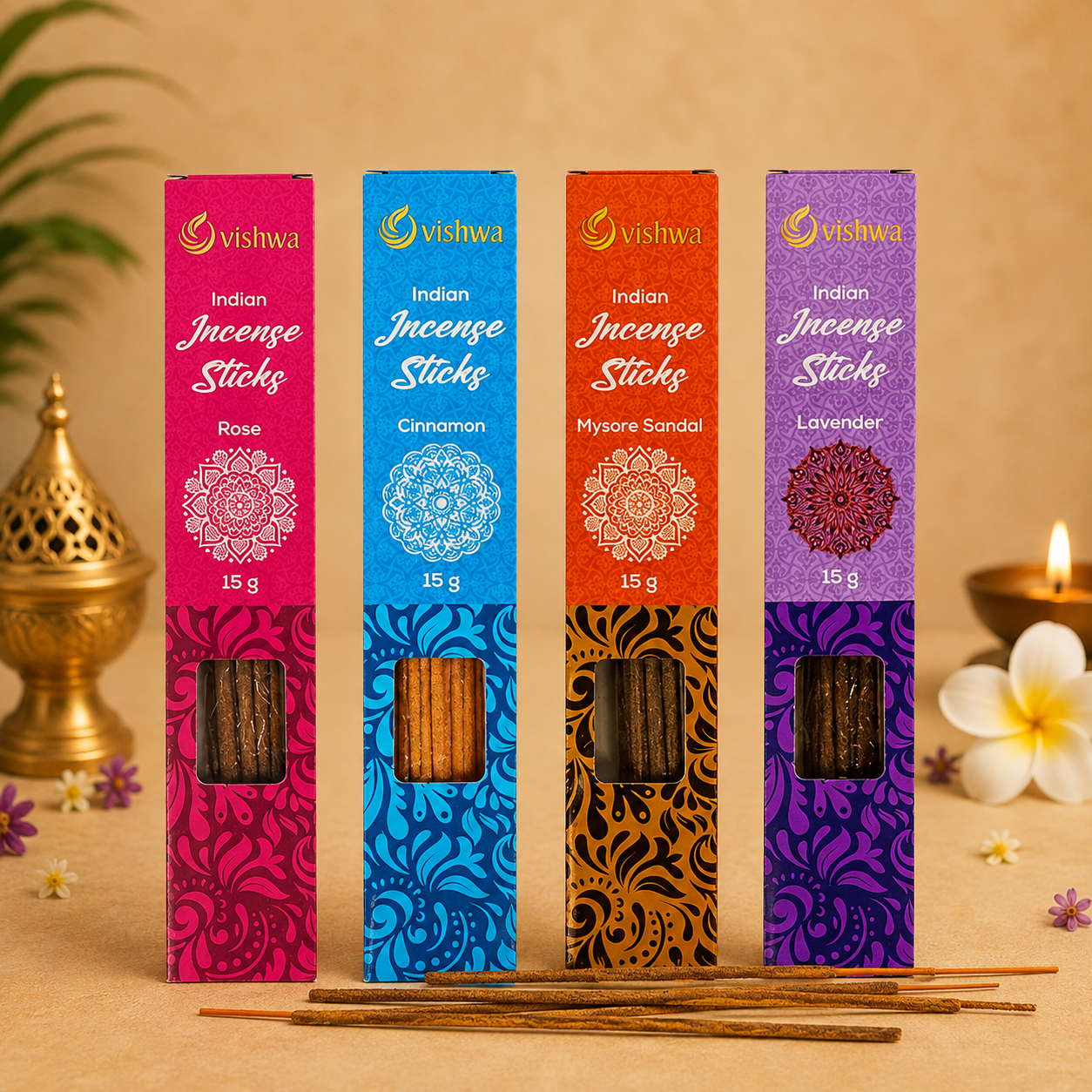 Incense Sticks Bundle - Temple - ( Rose + Cinnamon + Lavender + Sandalwood )