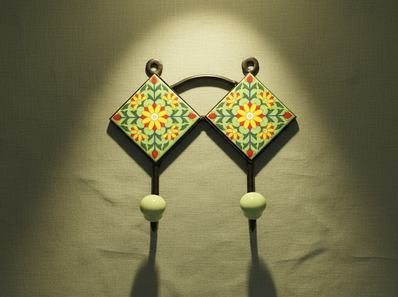 Handcrafted Green Floral Ceramic Tile Double Wall Hook