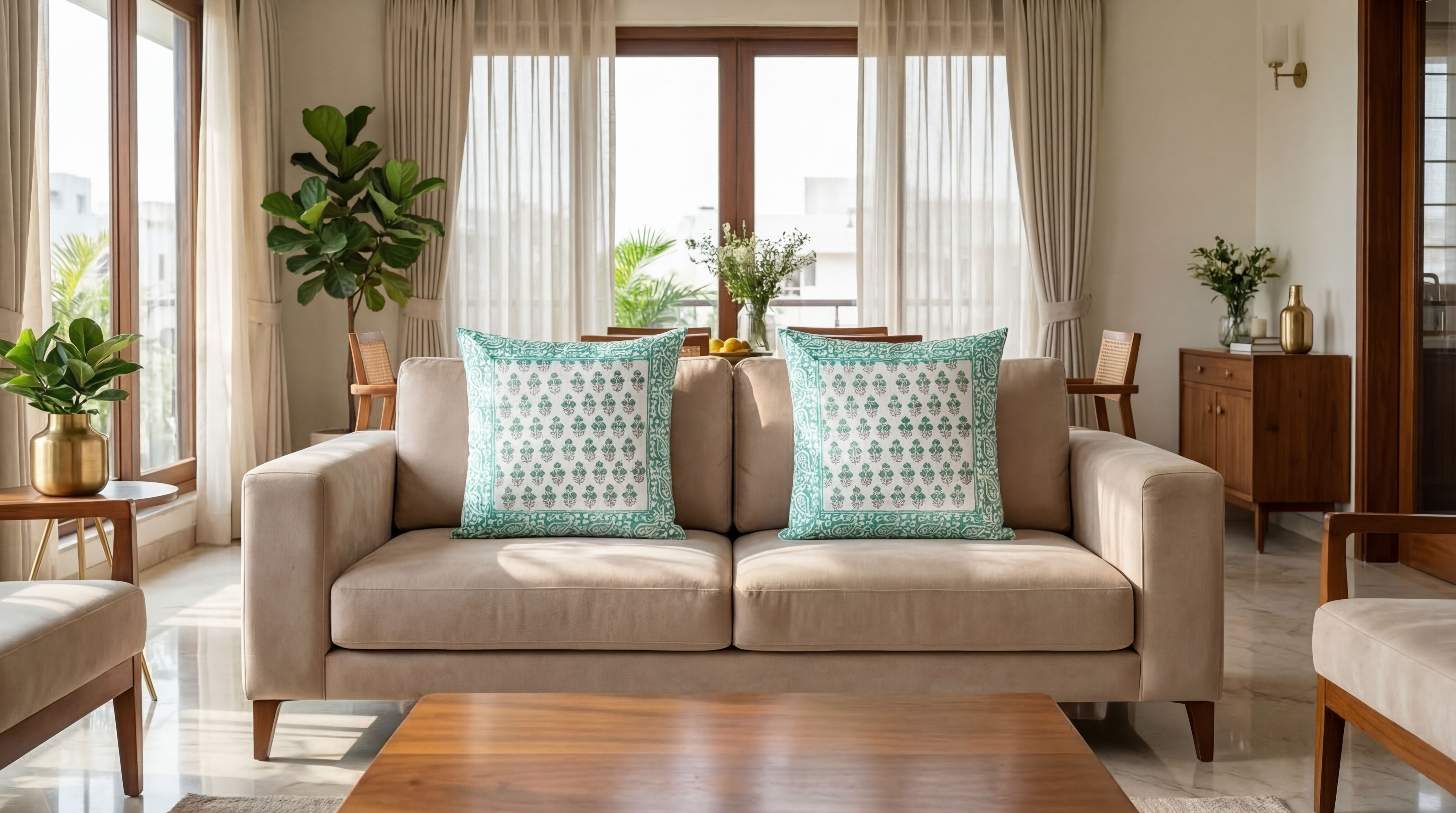 Emerald Elegance Hand Block Cushion Cover 2