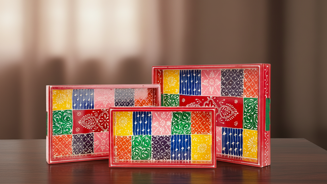 Rajasthani Hand-Painted Patchwork Wooden Tray Set (Set of 3)