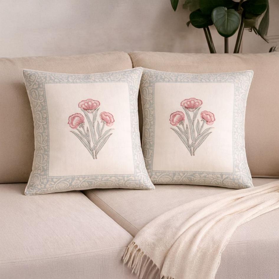 Graceful Bloom Hand Block Cushion Cover