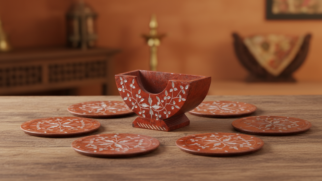  Handcrafted Marble Inlay Tea Coaster Set 2