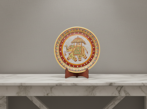 Marble Decorative Plate with Royal Elephant Painting