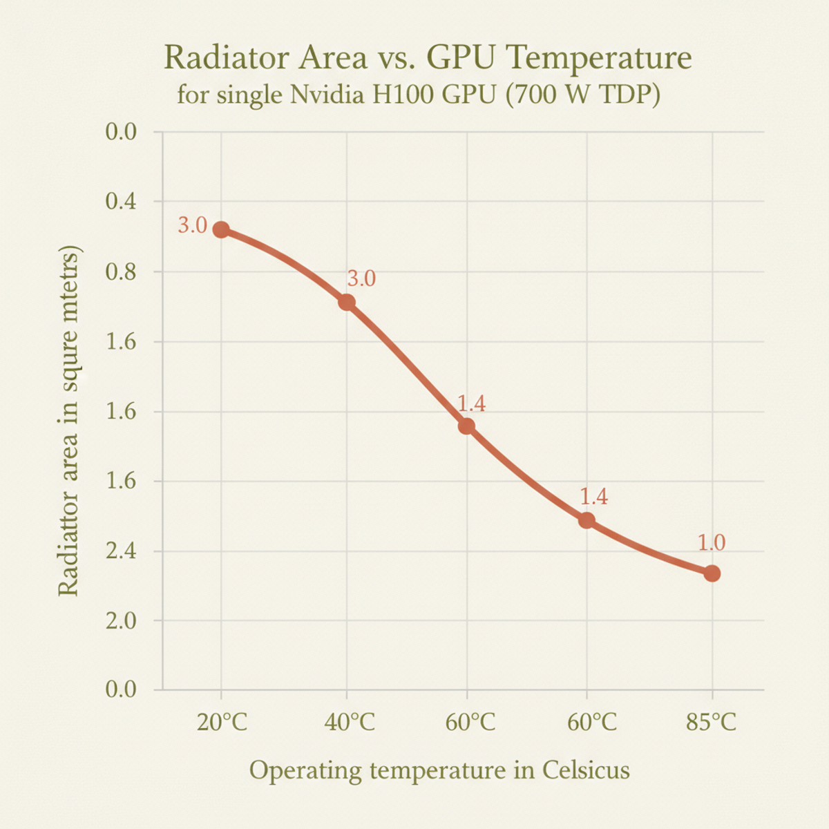 A single H100 GPU requires 3 m² of radiator at 20°C but drops to 1.4 m² at 60°C—a fundamental engineering tradeoff in orbit.