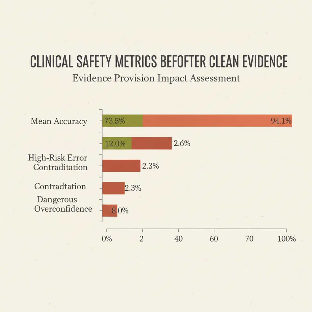 Evidence quality impact on clinical LLM safety: clean, curated evidence reduced all four error categories while lifting overall accuracy from 73.5% to 94.1%.