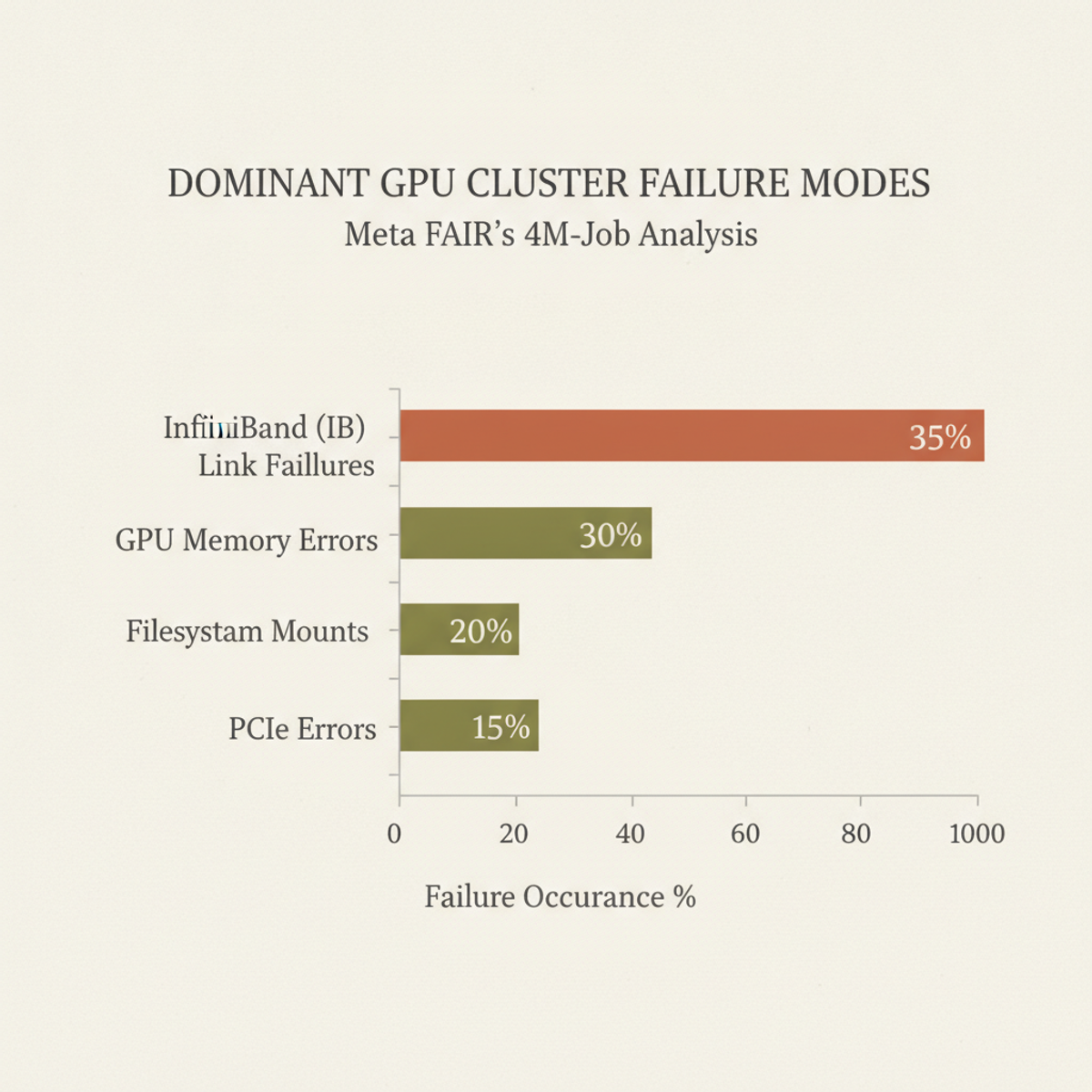 Dominant failure modes in Meta's GPU cluster: InfiniBand, memory, filesystem, and PCIe faults dominate across 4 million jobs.