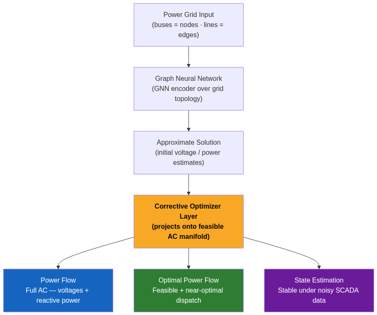 GENCO architecture: GNN over the grid graph → approximate solution → corrective optimizer projects onto the feasible AC manifold, enforcing Kirchhoff's laws across all three tasks.