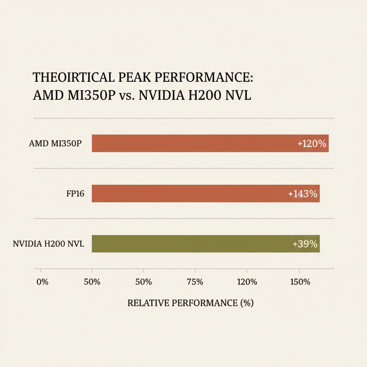 MI350P outperforms H200 NVL across all precision formats: 20% FP64, 43% FP16, 39% FP8 peak theoretical compute.