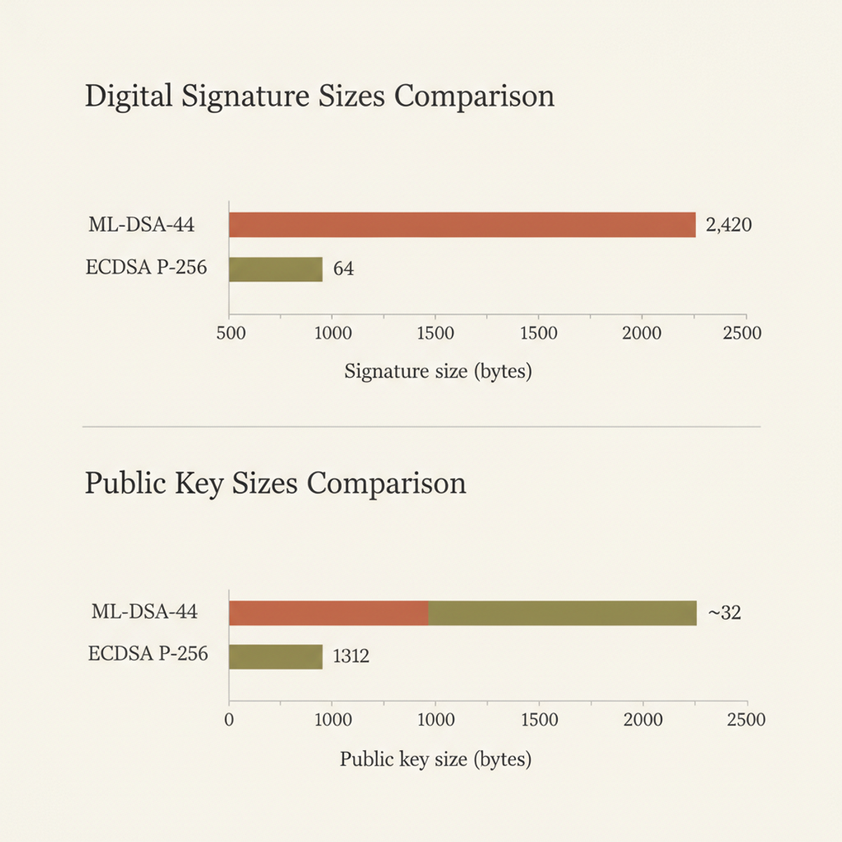 ML-DSA-44 produces larger signatures and keys than ECDSA P-256, a performance tradeoff in post-quantum authentication.