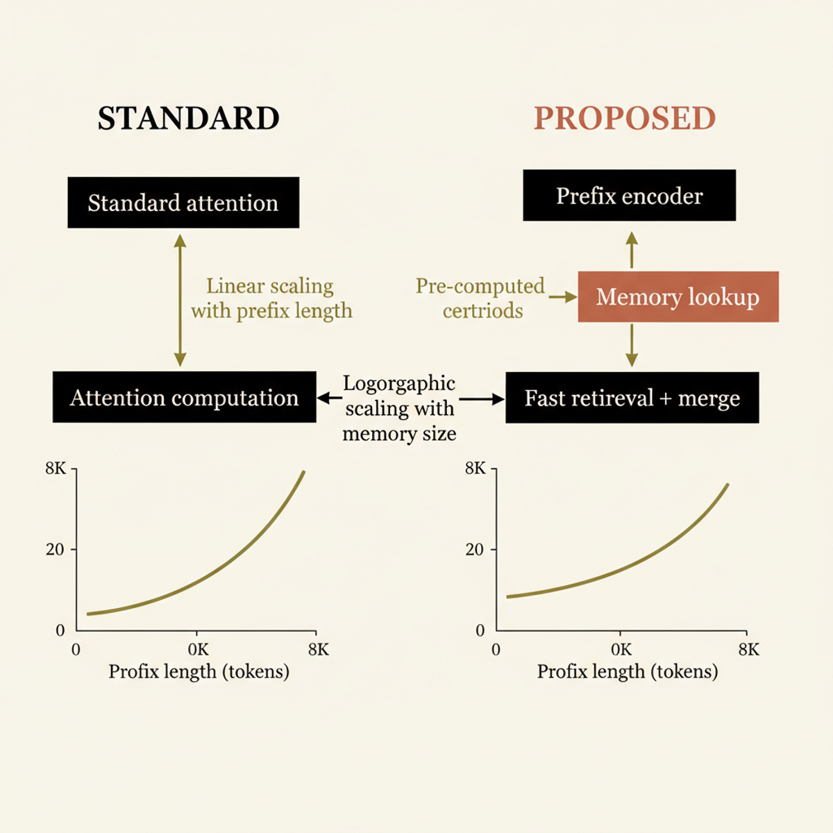 Standard prefix attention scales linearly; the memory-lookup method reduces this to logarithmic scaling independent of prefix length.