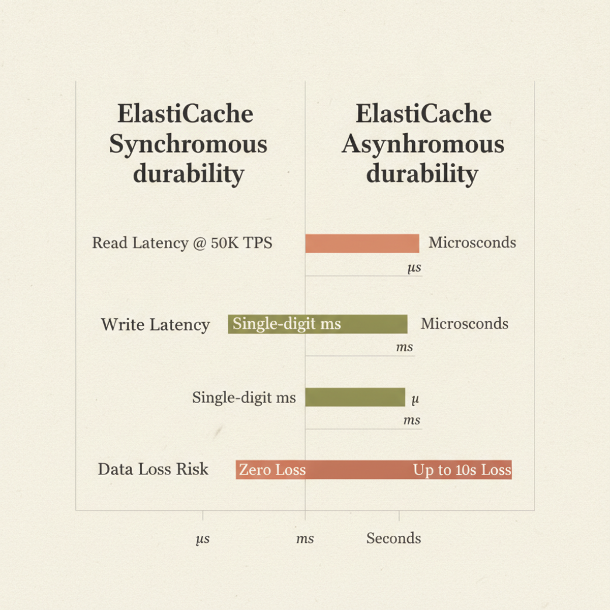 ElastiCache durability modes: synchronous offers lower data-loss risk; asynchronous trades microsecond latency for up to 10 seconds of loss exposure.