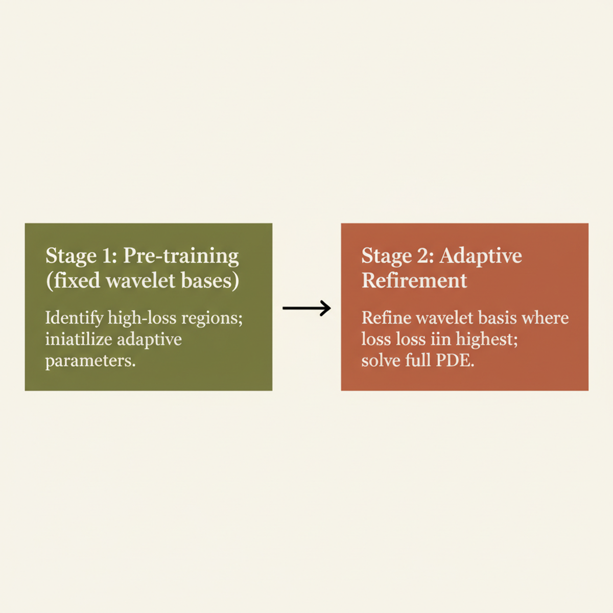 AW-PINN processes PDEs in two stages: fixed pre-training followed by adaptive wavelet refinement.
