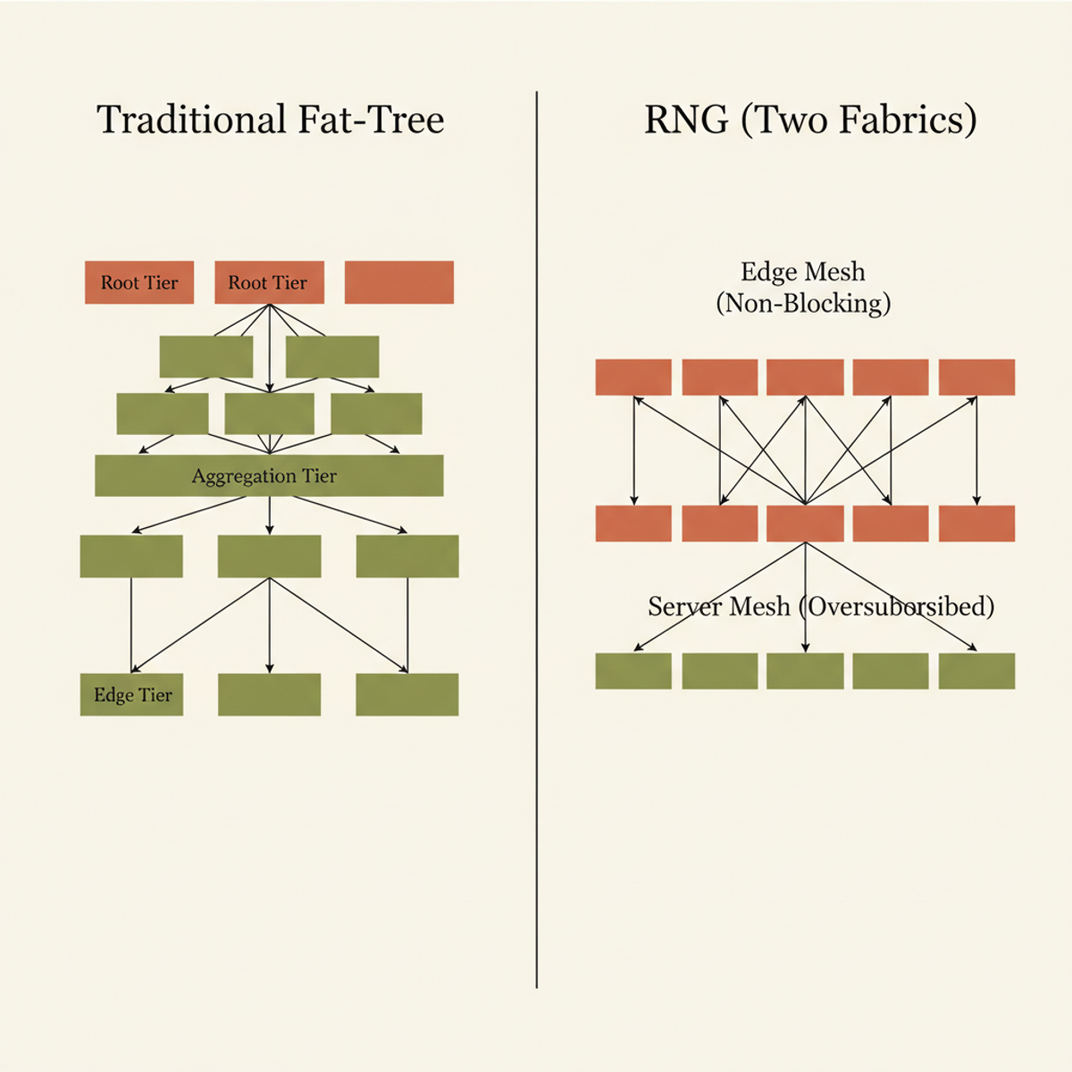 RNG two-fabric topology (right) replaces traditional fat-tree (left) with non-blocking edge and oversubscribed server meshes, reducing switching hardware by 69%.