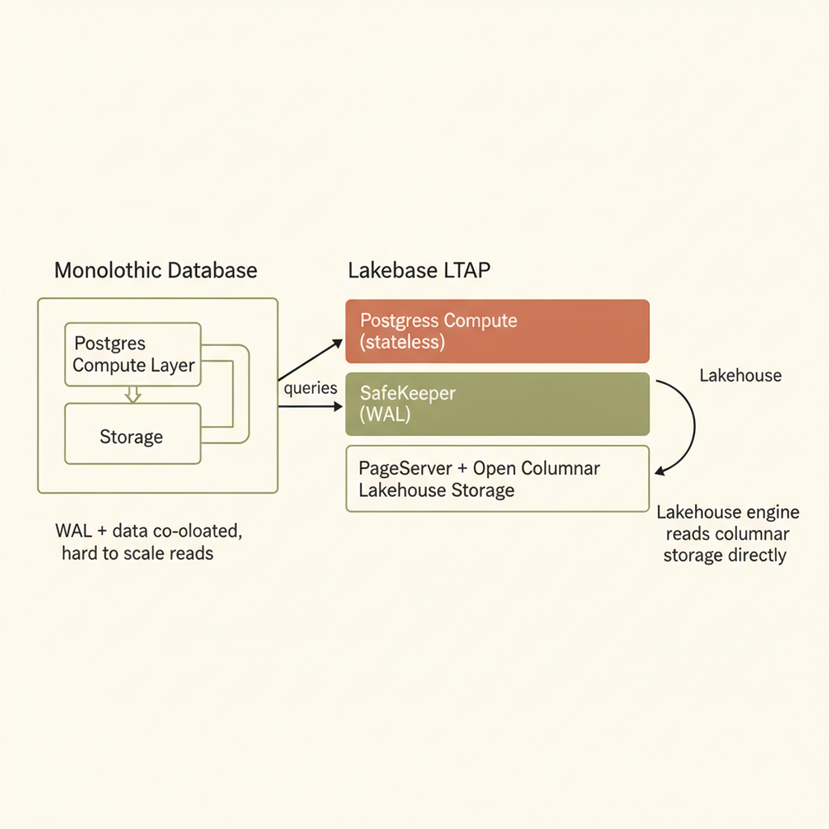 Lakebase LTAP disaggregates storage (SafeKeeper + PageServer) from stateless compute, enabling both Postgres and Lakehouse engines to read columnar data directly.