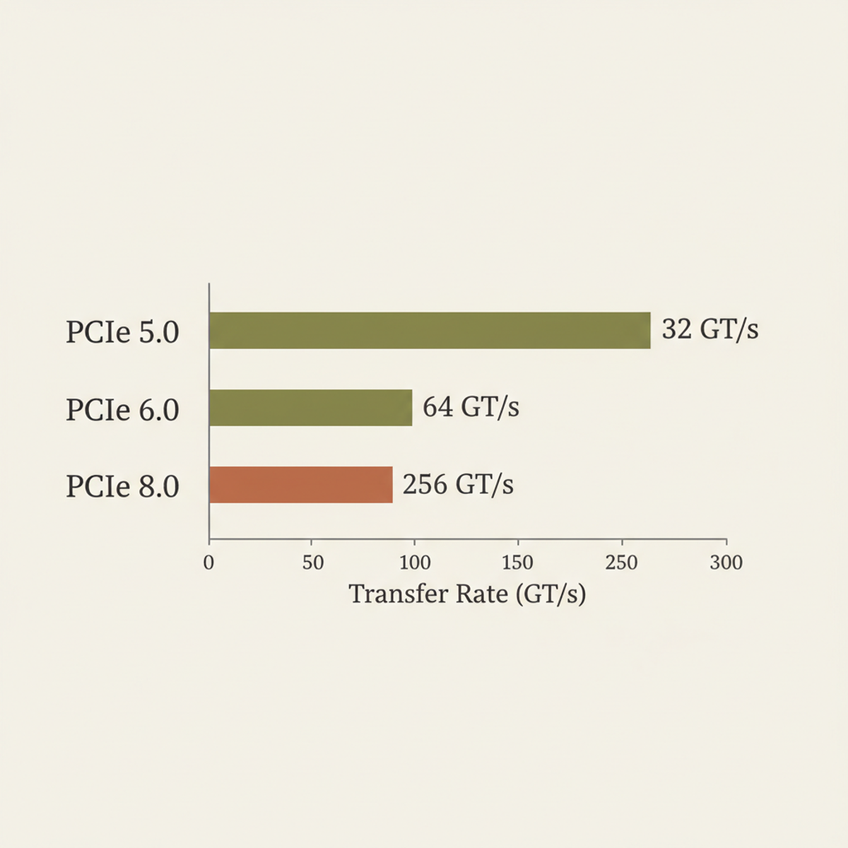 PCIe transfer rates by generation. PCIe 8.0's 256 GT/s represents an 8× jump from generation 5.0.