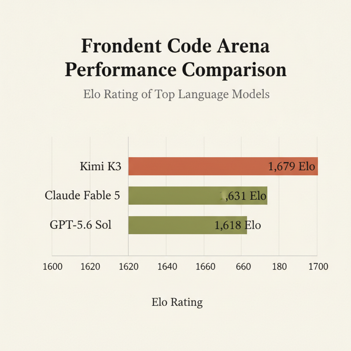 Kimi K3 leads Frontend Code Arena benchmark with 1,679 Elo, outpacing Claude Fable 5 (1,631) and GPT-5.6 Sol (1,618).