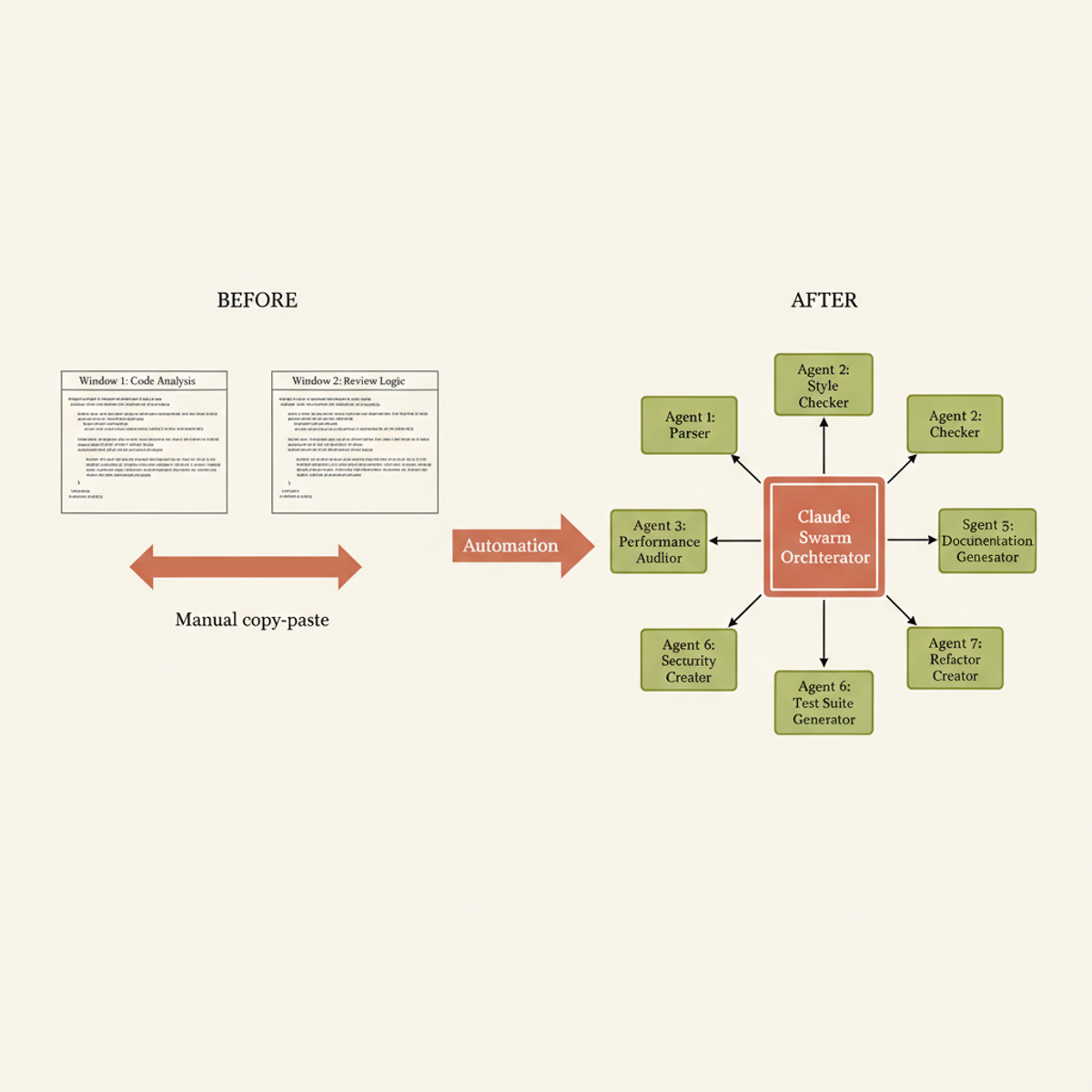 Evolution from manual Claude Code shuttling to orchestrated multi-agent swarm architecture.