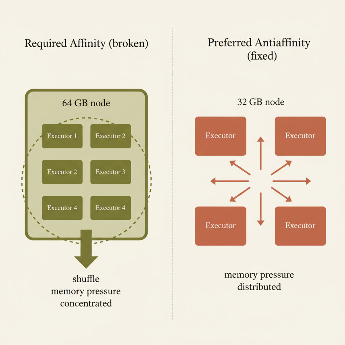 Pod affinity forced all four Spark executors onto a single node, concentrating memory pressure. Switching to preferred antiaffinity distributed executors across nodes.