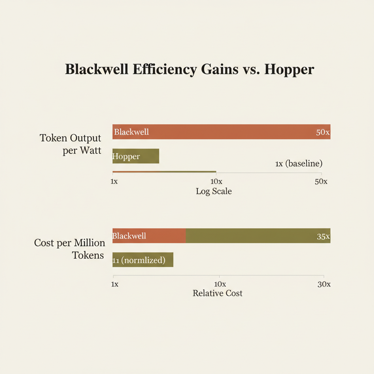 Blackwell delivers 50x greater token throughput per watt and 35x lower inference cost versus Hopper.