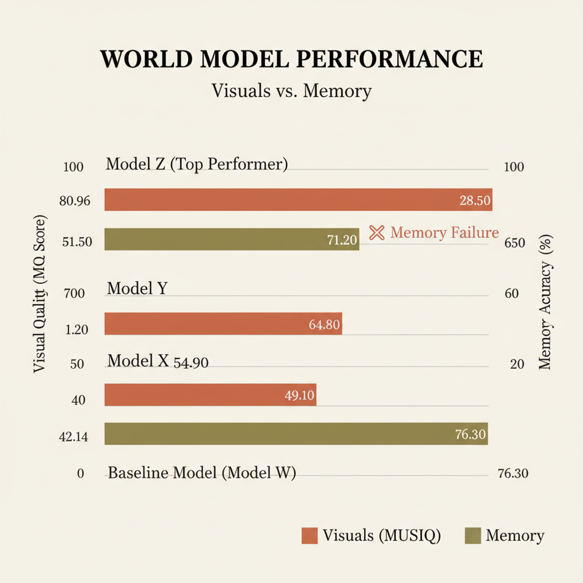 MUSIQ visual quality vs. memory performance in world models tested on iWorld-Bench. Top performers excel at rendering but show significant memory gaps.