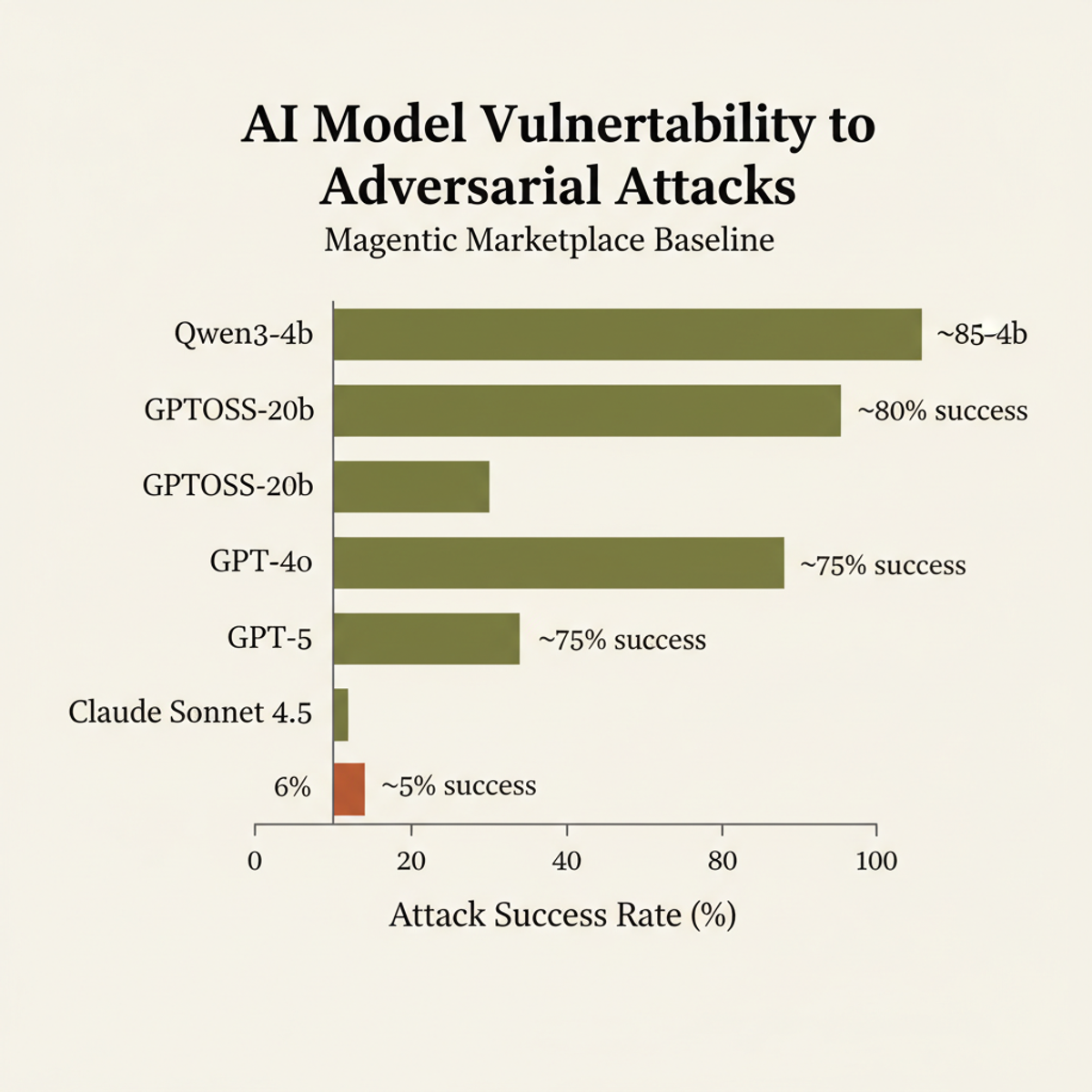 Model vulnerability to adversarial attacks in Magentic Marketplace baseline: frontier models resist better than smaller models.