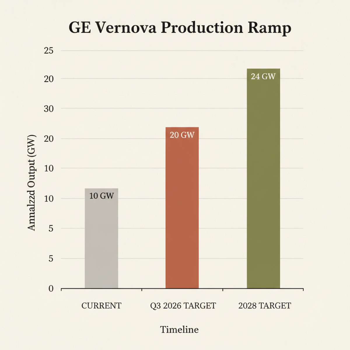 GE Vernova targets 20 GW annualized output by Q3 2026, climbing to 24 GW by 2028, with ~1,800 new US workers hired across 2025–2026.