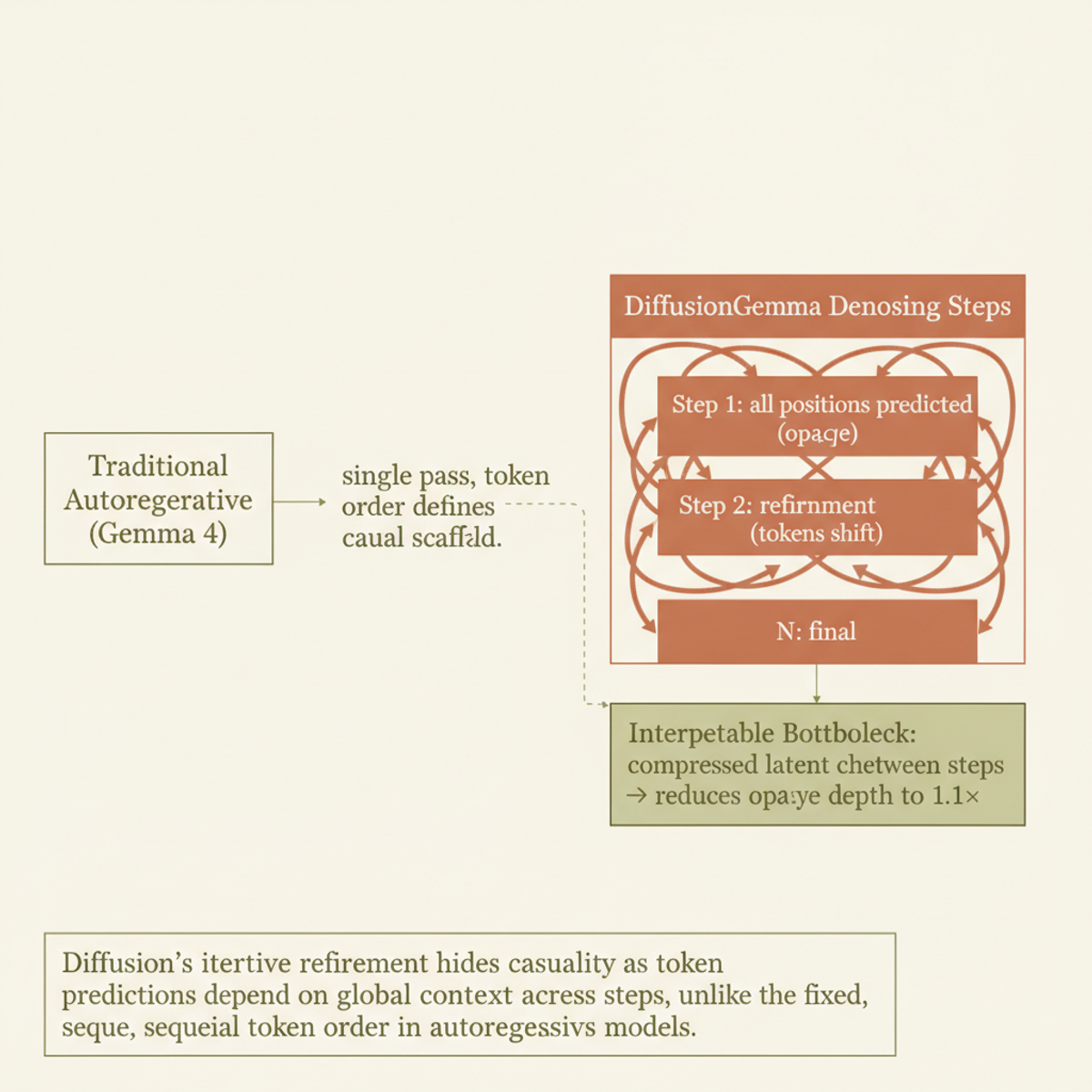 Diffusion vs. autoregressive token flow: why distributed refinement reduces interpretability (and how a bottleneck recovers it).