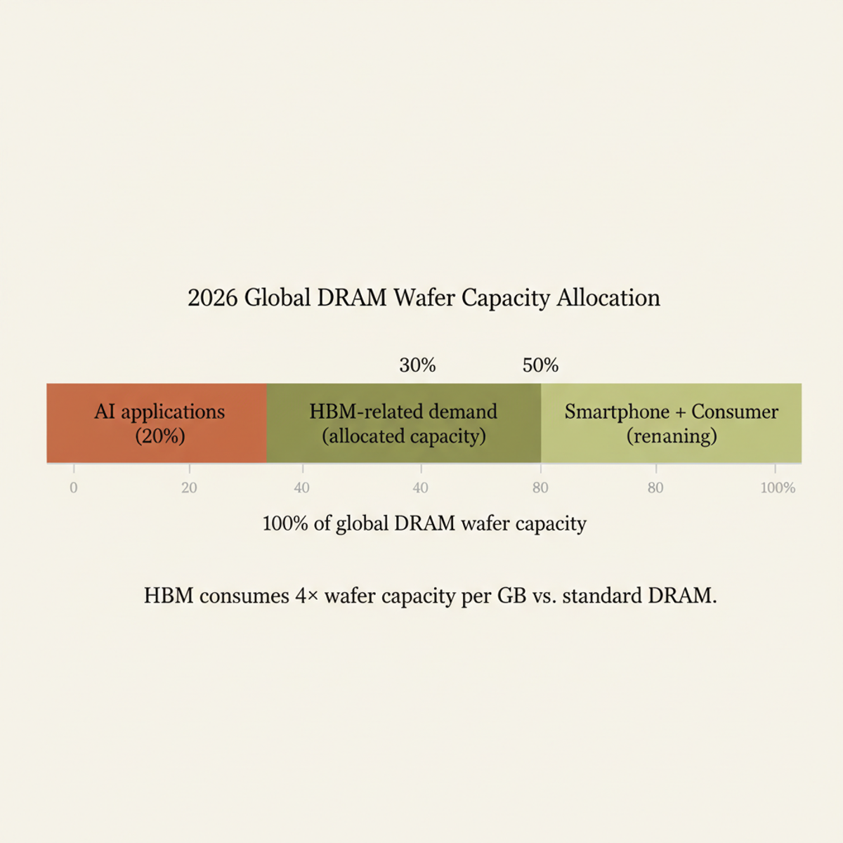 Estimated 2026 global DRAM wafer capacity allocation, showing AI's 20% share and HBM's intensive consumption.
